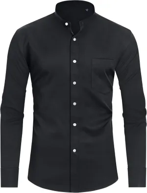 Alimens & Gentle Men's Banded Collar Dress Shirts Long Sleeve Mandarin Collar Button Down Shirt with Pocket