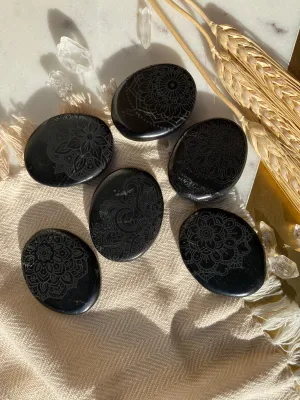 Shungite Pocket Stone Etched with Various Mandalas