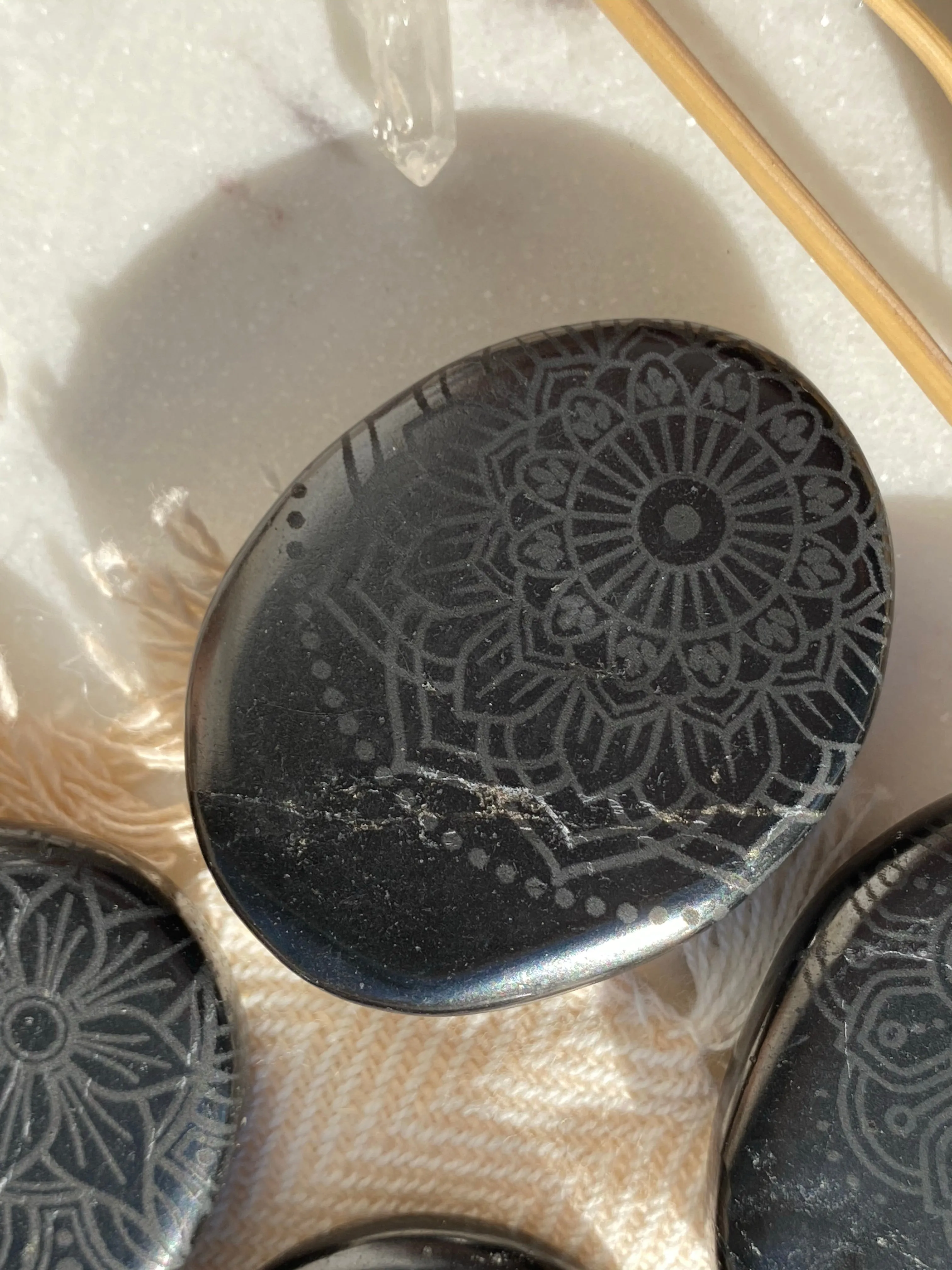 Shungite Pocket Stone Etched with Various Mandalas