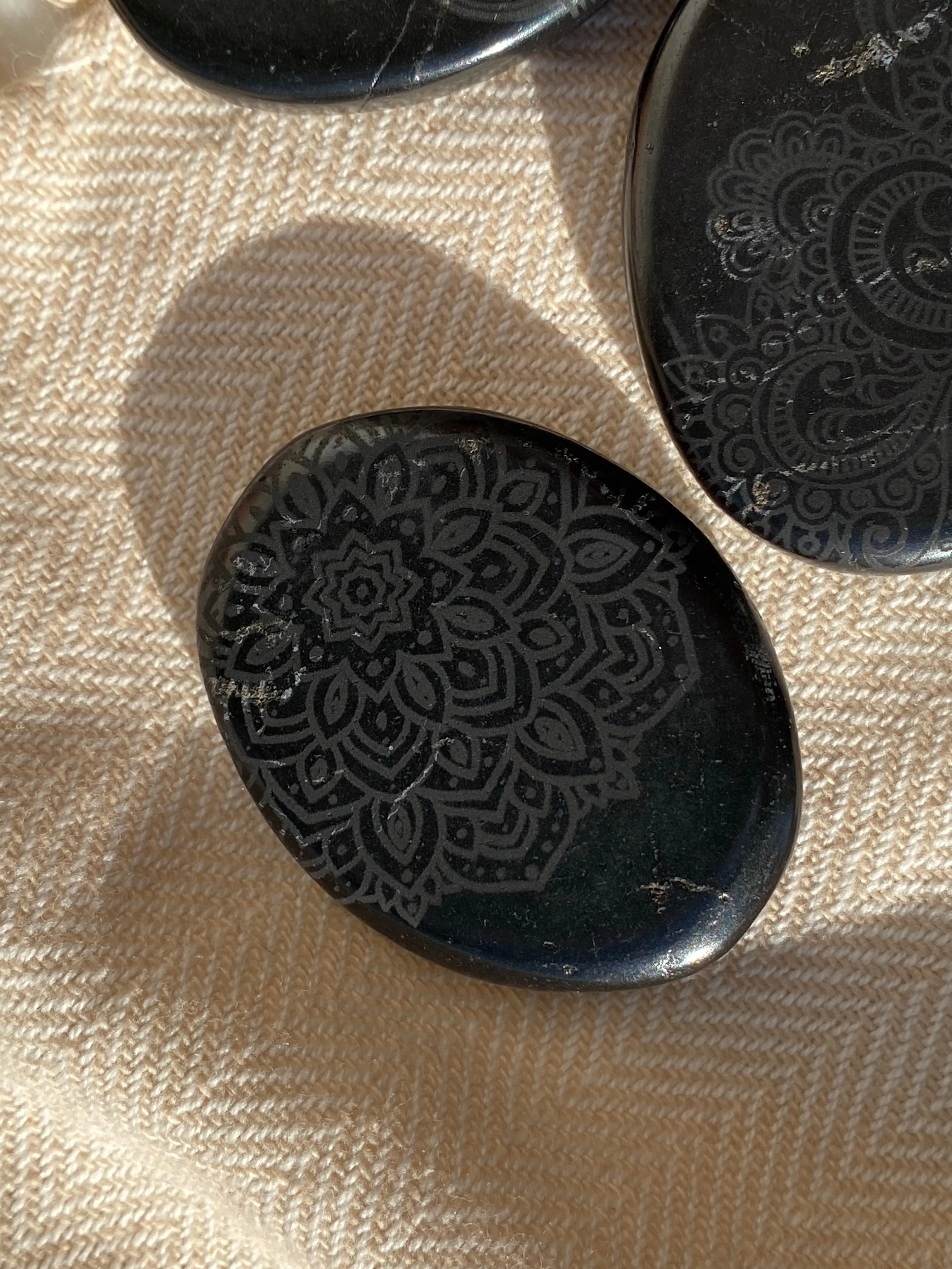 Shungite Pocket Stone Etched with Various Mandalas