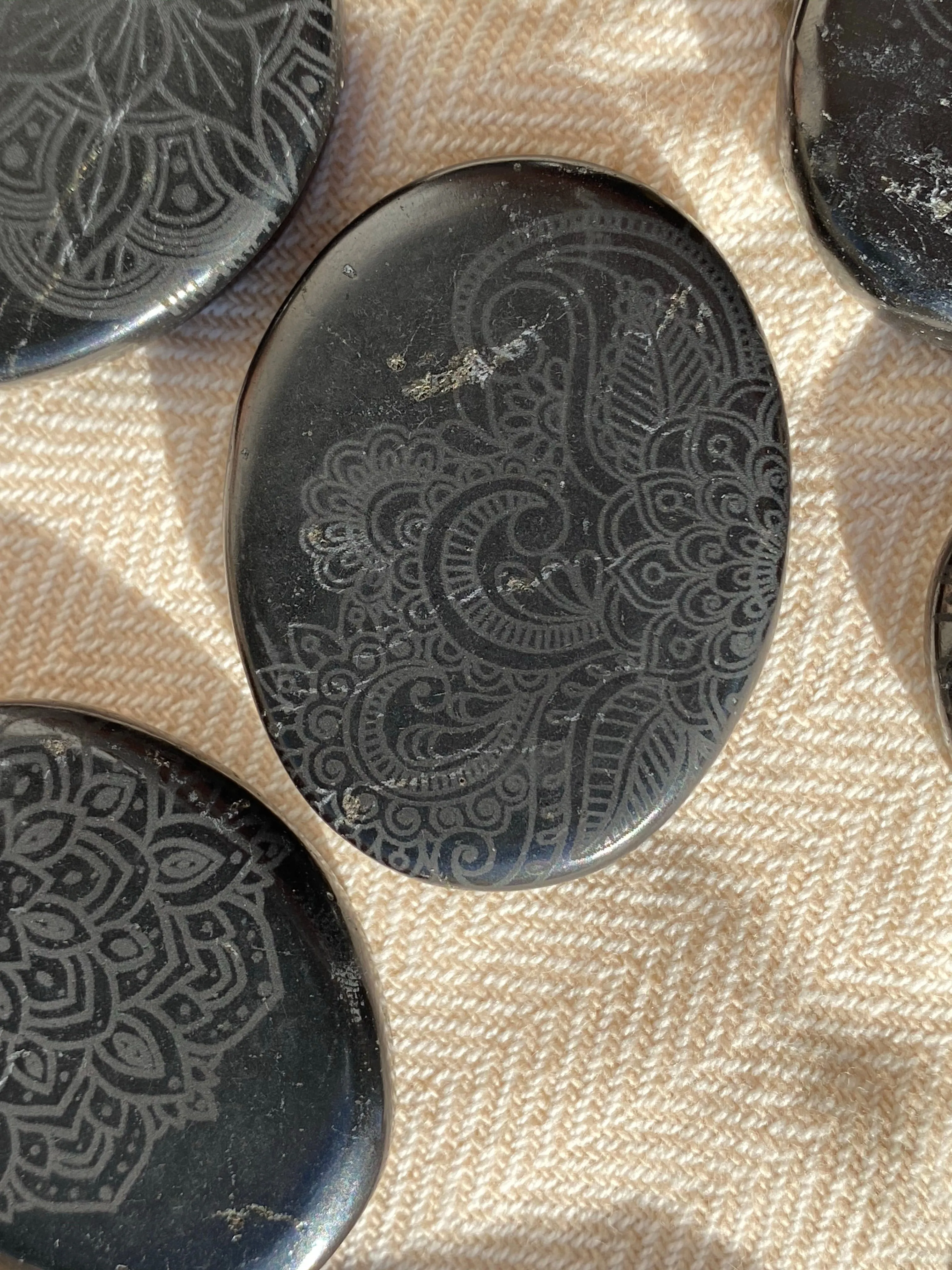 Shungite Pocket Stone Etched with Various Mandalas