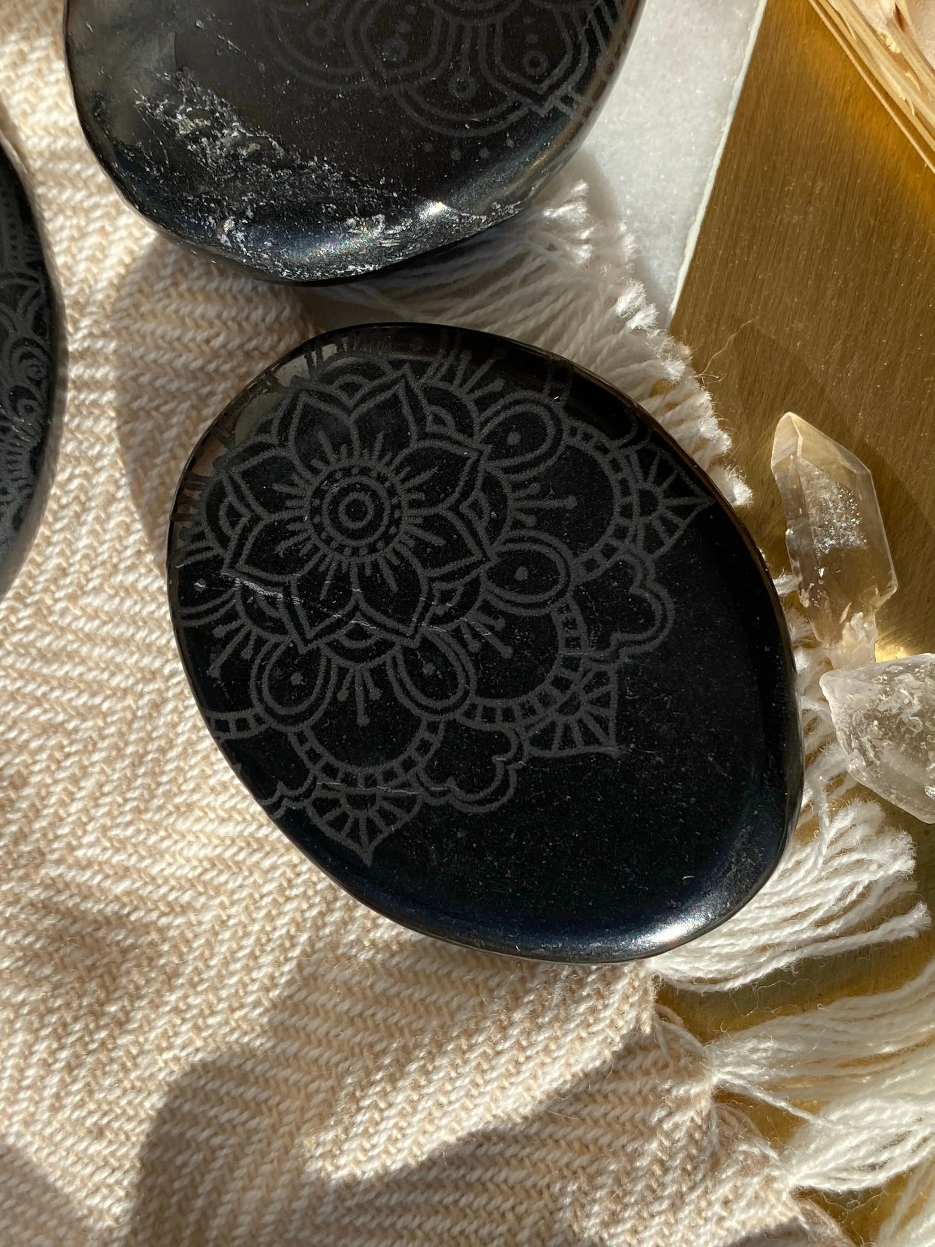 Shungite Pocket Stone Etched with Various Mandalas