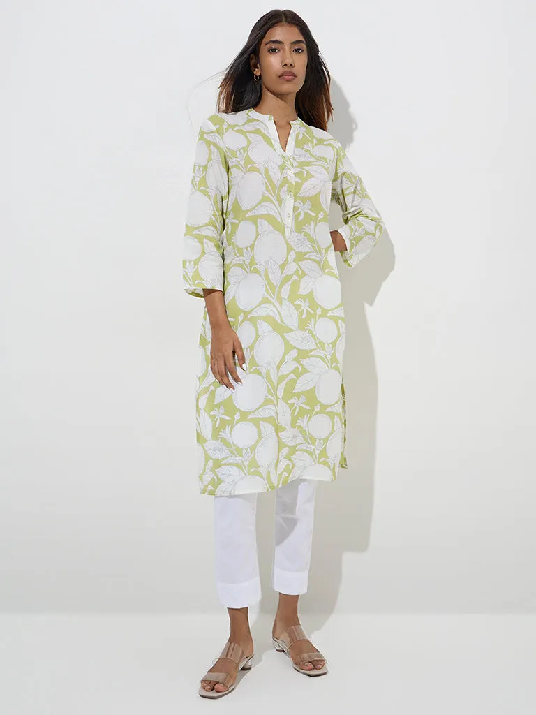 Utsa Green Fruit Printed Straight Cotton Kurta