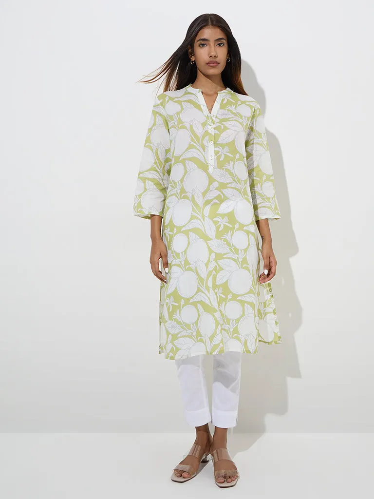 Utsa Green Fruit Printed Straight Cotton Kurta